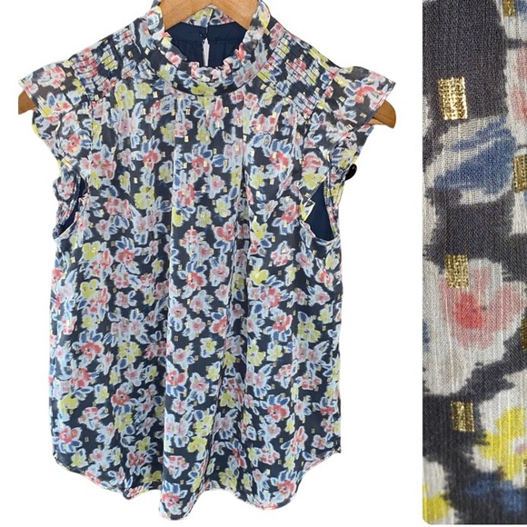 NWT LOFT Floral Smocked Ruffle Trim Top Size XS - Picture 5 of 13